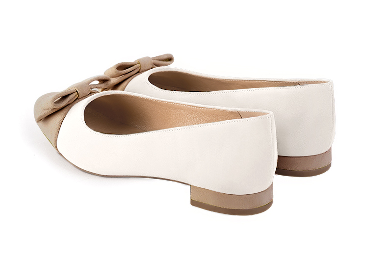 Tan beige and off white women's ballet pumps, with low heels. Round toe. Flat block heels. Rear view - Florence KOOIJMAN